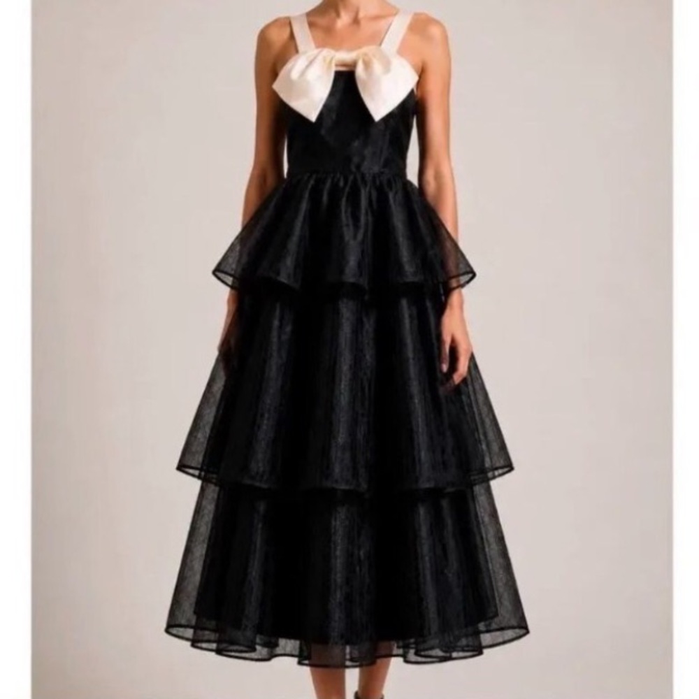 Lulus Untamed Elegance Black and Cream Bow Organza Tiered Midi Dress Size Small